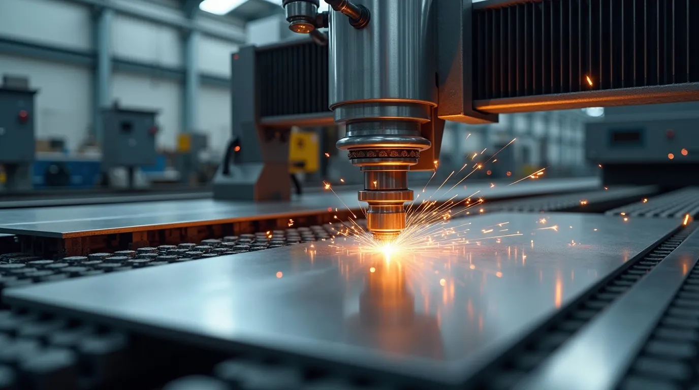 Automated CNC machinery cutting stainless steel sheets with precision in fabrication facility.