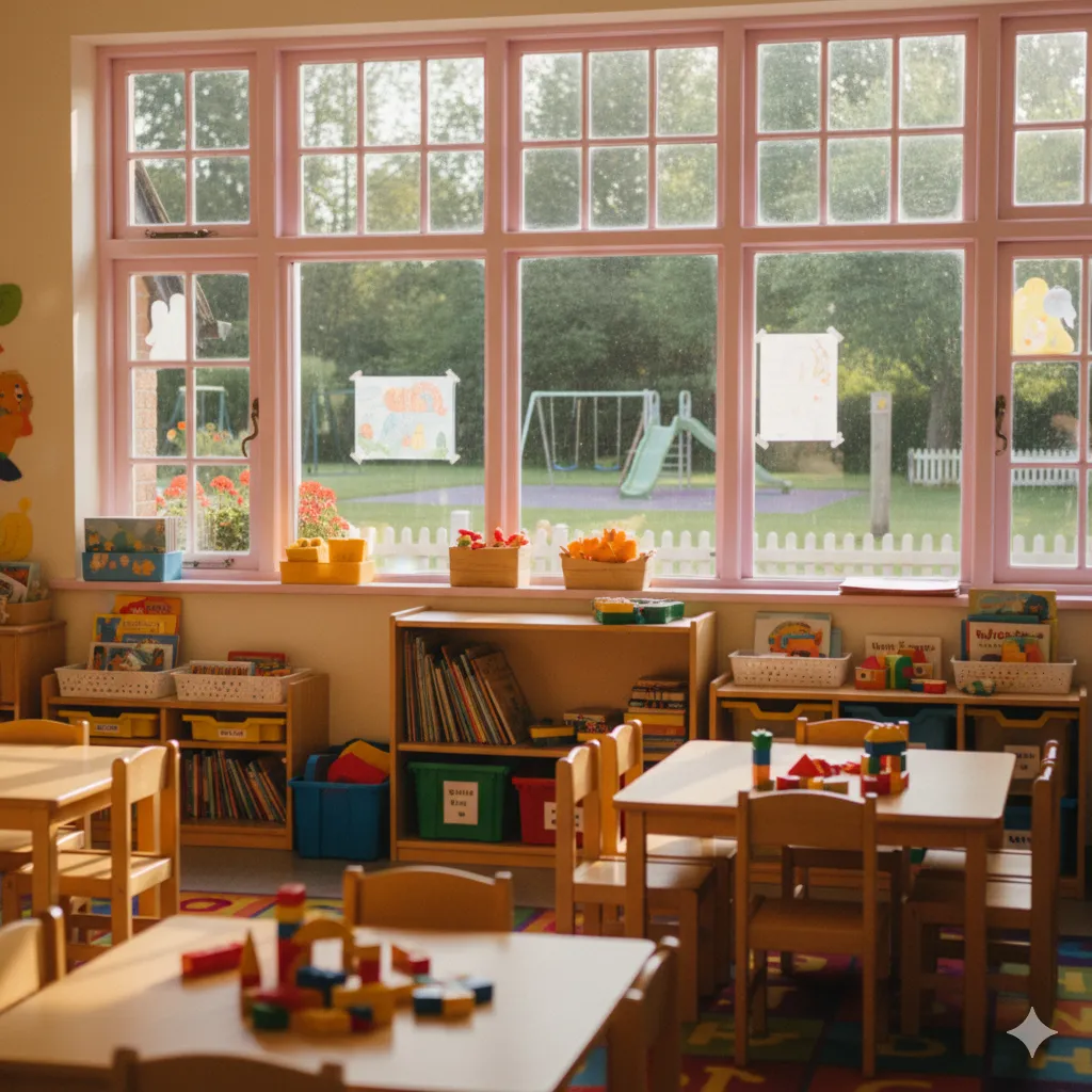 Bright kindergarten classroom with pink-framed windows overlooking a playground.