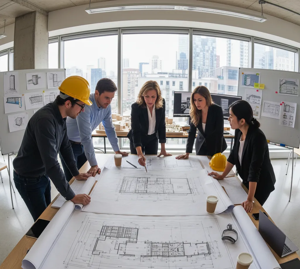 Commercial architect reviewing blueprints of a large office building with a team of engineers.