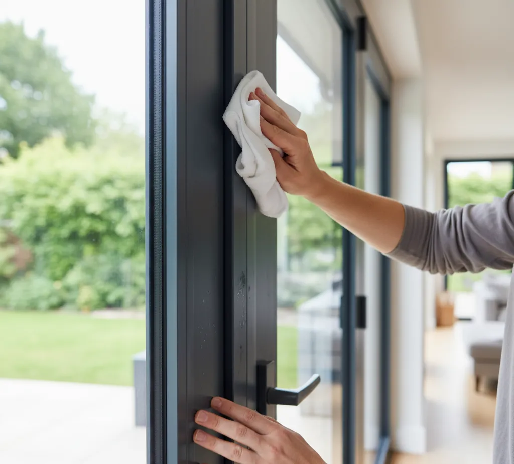 Homeowner cleaning aluminium concertina door frame with soft cloth.