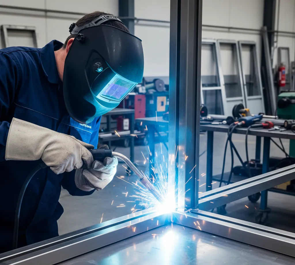 Skilled fabricator welding stainless steel panels for concertina door manufacturing.