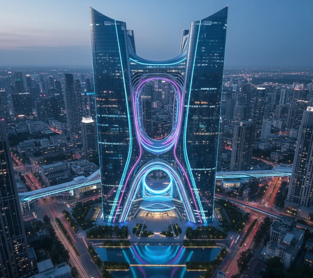 Unique building design, showcasing architecture with dynamic shapes, glass facades, and artistic structural elements in an urban setting