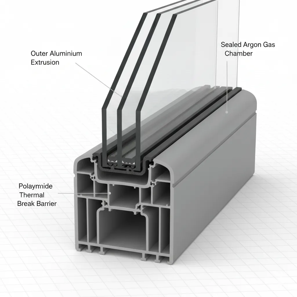 Cross-section of aluminium profile showing internal thermal break barrier.