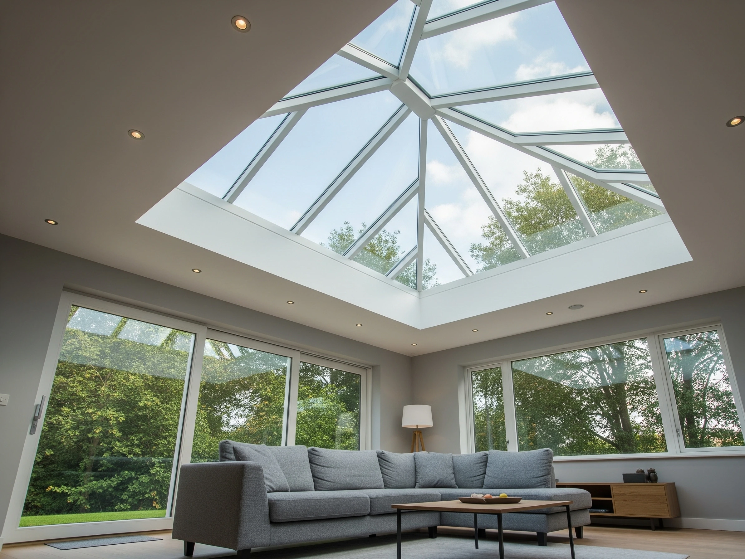 Modern living room with a large white-framed glass roof lantern and extensive windows overlooking greenery.