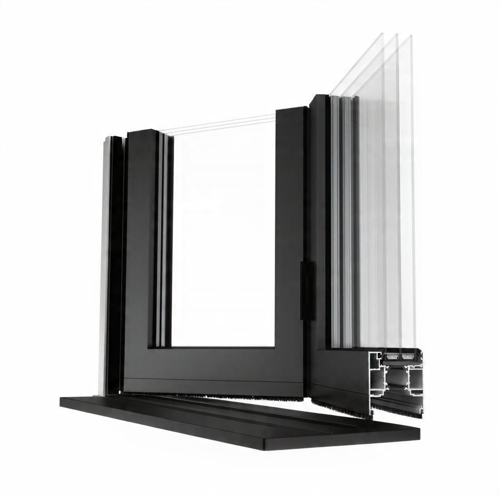 Technical cross-section of a black aluminium frame for a sliding door system with triple glazing, viewed from below.