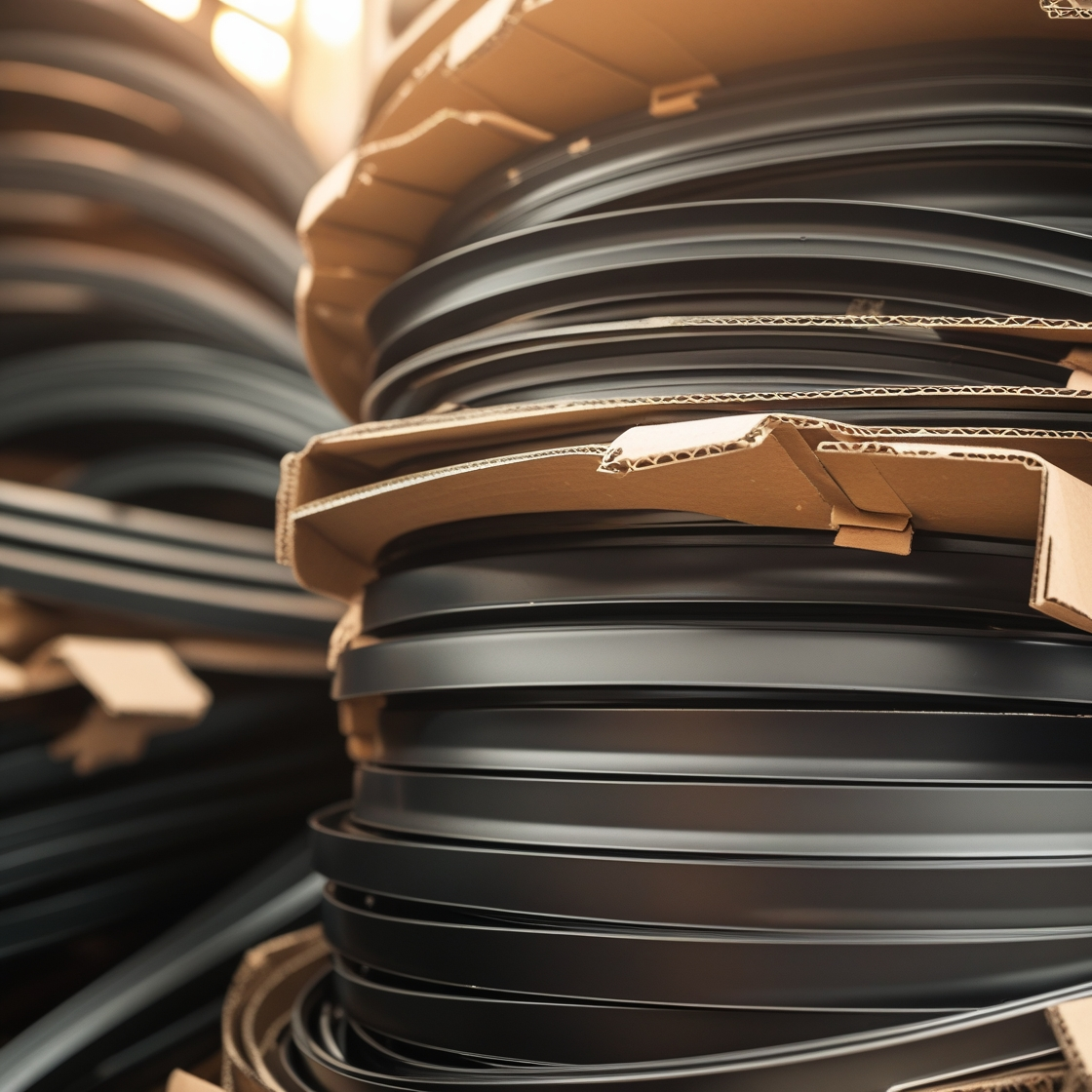 Close-up of rolls of black rubber or plastic sealing strips, likely gasket material for windows or doors, stacked and contained by cardboard.