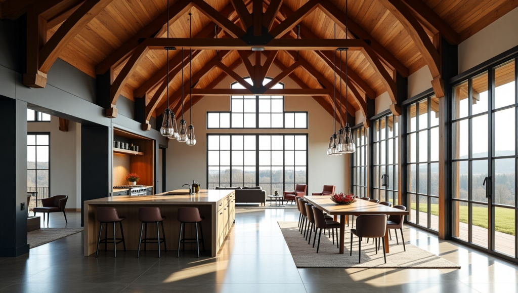 Open-plan room with vaulted timber ceiling, kitchen, dining area, and large windows.