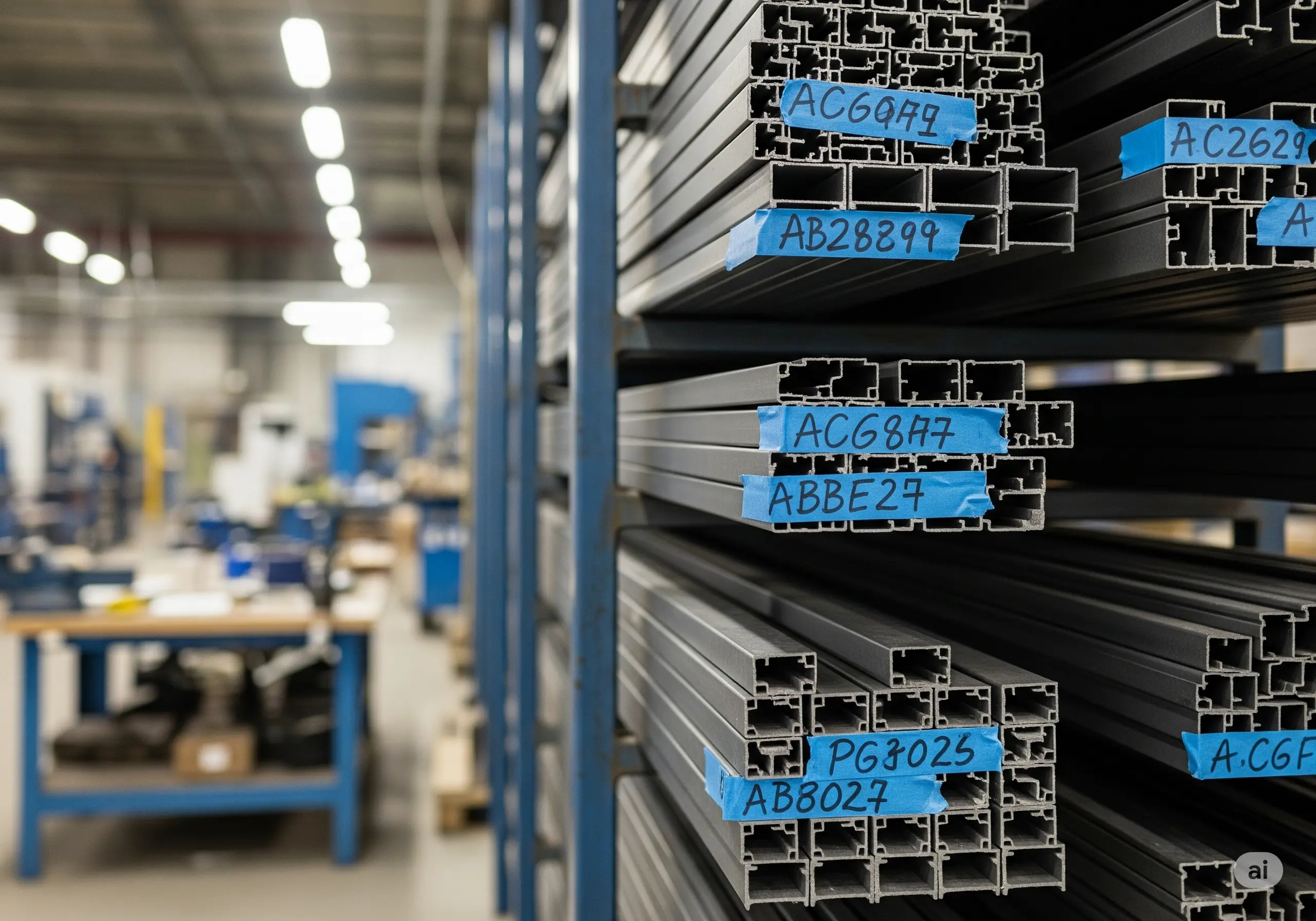 Industrial shelving unit filled with stacked aluminium profile extrusions, each labeled with a blue coded sticker.