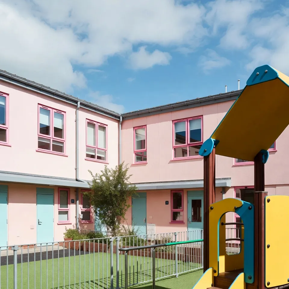 Pink nursery building exterior with pink windows and blue doors.