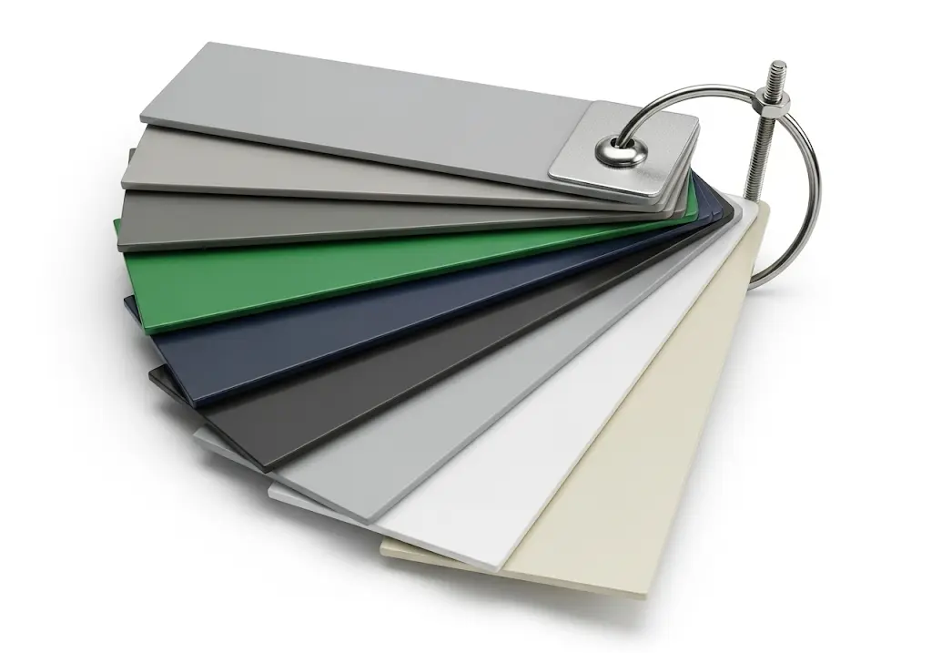 
A fan-out color swatch ring for window/door profiles, displaying a range of colors including grey, green, blue, black, white, and cream.
