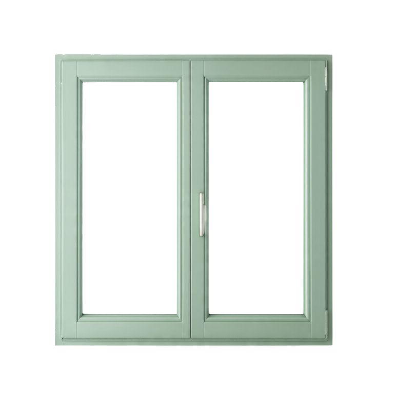 Double casement window with a light green or sage frame and a silver central handle.