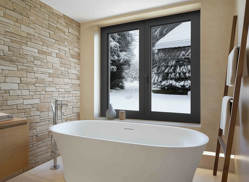 Bathroom with freestanding tub and dark window viewing a snowy scene.