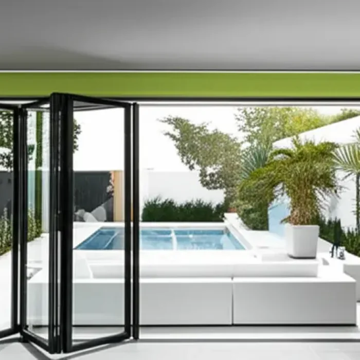 Black bi-fold doors open to a modern courtyard with a pool and bright green wall.