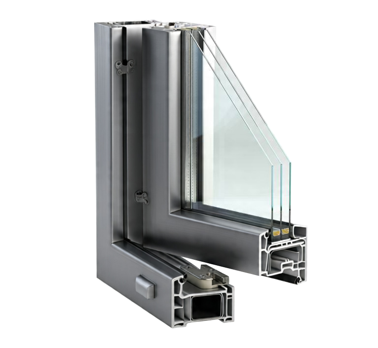 Window frame cross-section showing grey aluminium profile and multi-layered glass.