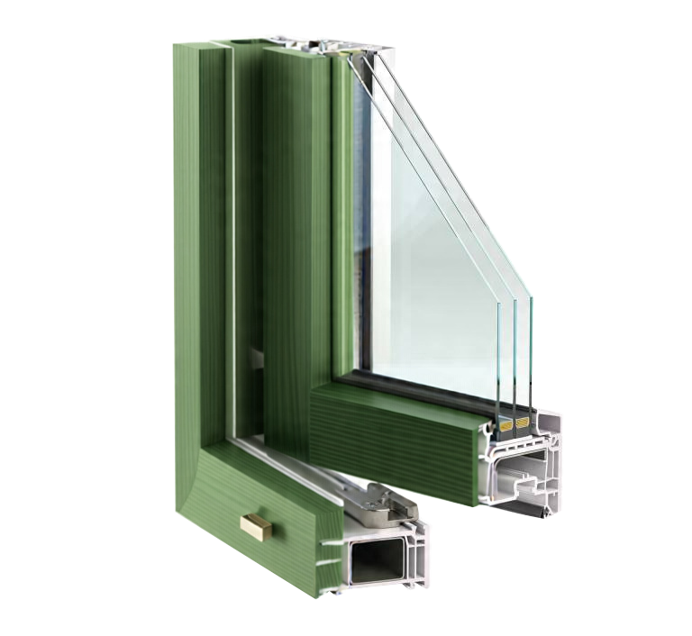Green window profile cross-section with triple glazing.