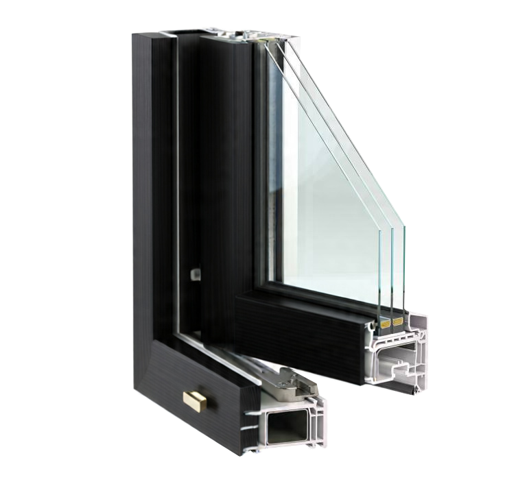 Black window profile cross-section with triple glazing.