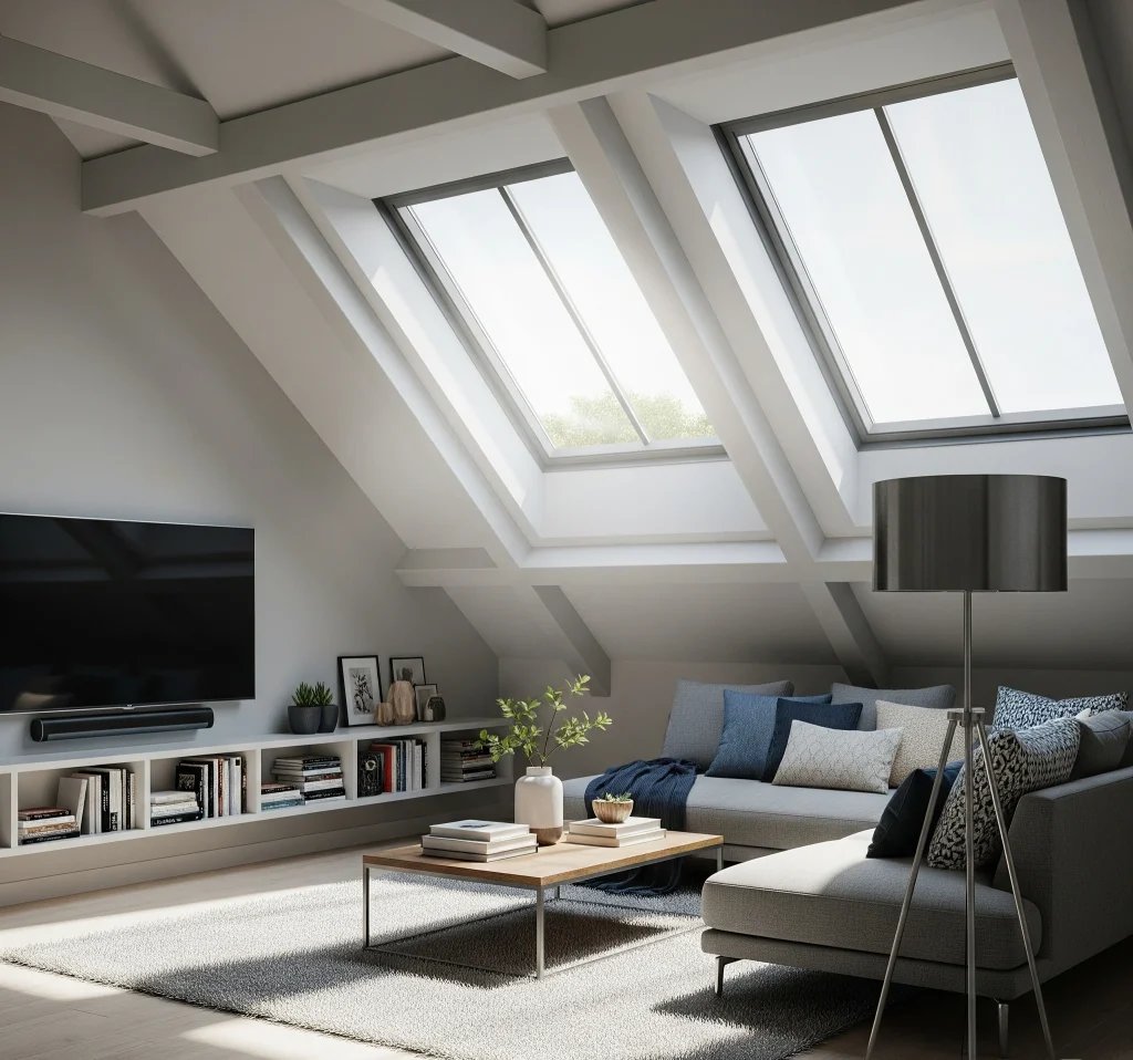 Loft living room with large roof windows and a grey sofa.