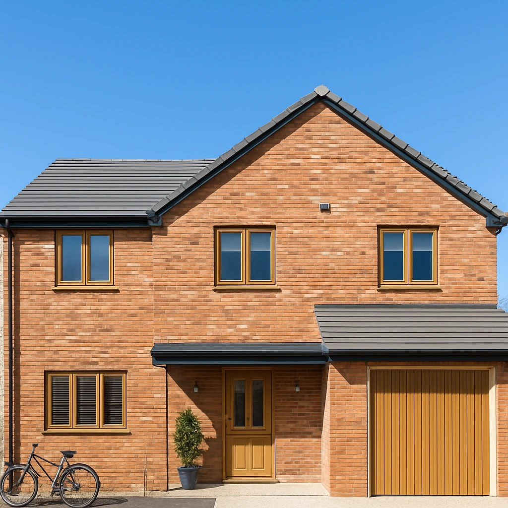 House with oak-coloured windows and doors.