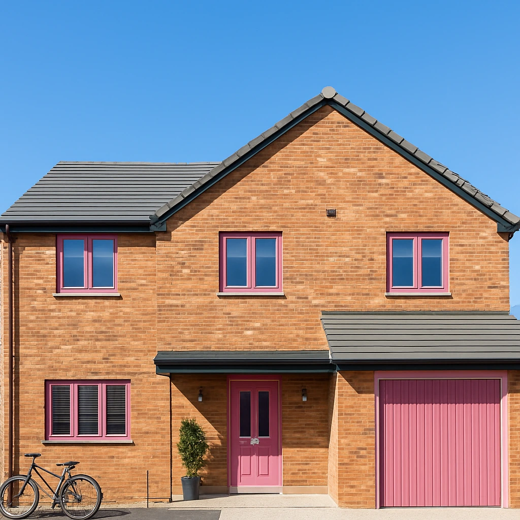 The same two-story house with a oak window frames, oak garage door and a oak front door. 
