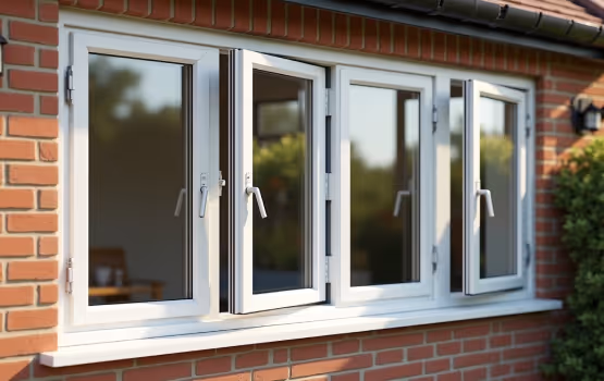 White UPVC casement window with a single pane, reflecting a blue sky and white clouds.