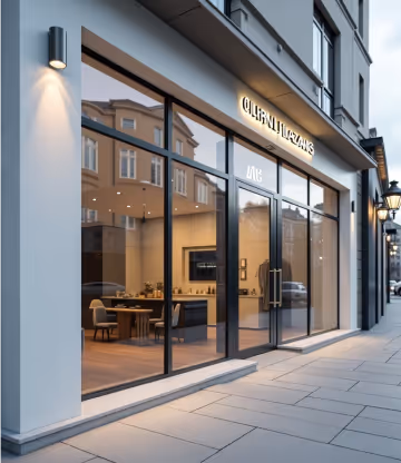 Modern storefront with large glass windows and dark frames.