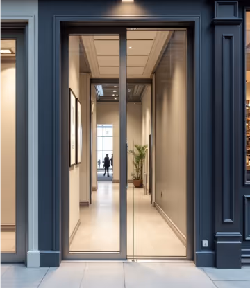 Contemporary glass door set within a dark frame.