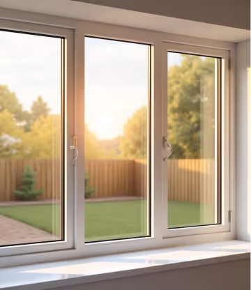 White-framed glass patio door looking onto a sunny backyard.