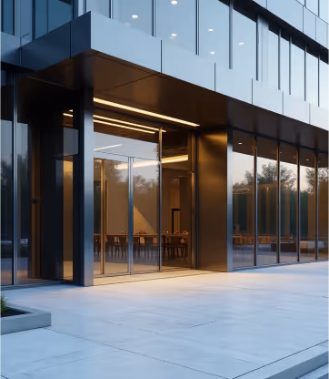 Sleek modern building entrance with glass doors.