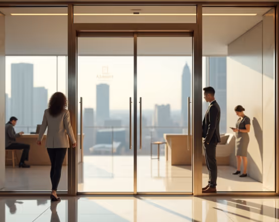 Inside a modern office building with a city skyline view.