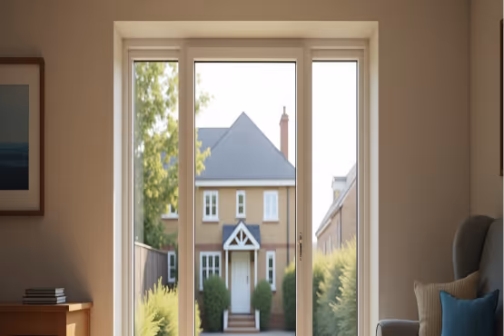 View through white-framed patio doors onto a garden.