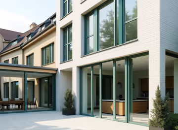 A modern house with a light-colored facade, featuring large green-framed windows and sliding glass doors.