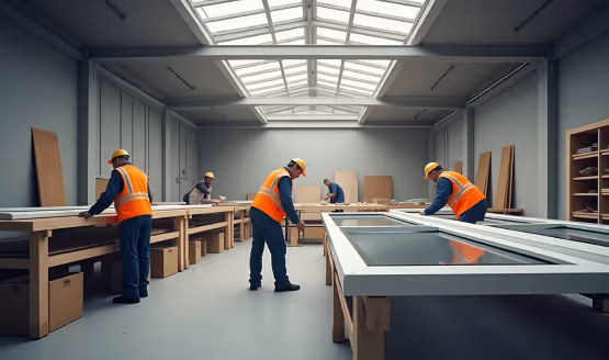 Multiple workers manufacturing windows in a spacious workshop.