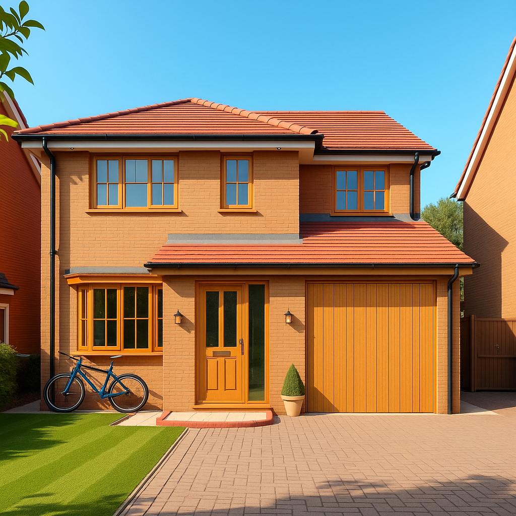 The same two-story house with light oak window frames, light oak garage door, and a light oak front door.