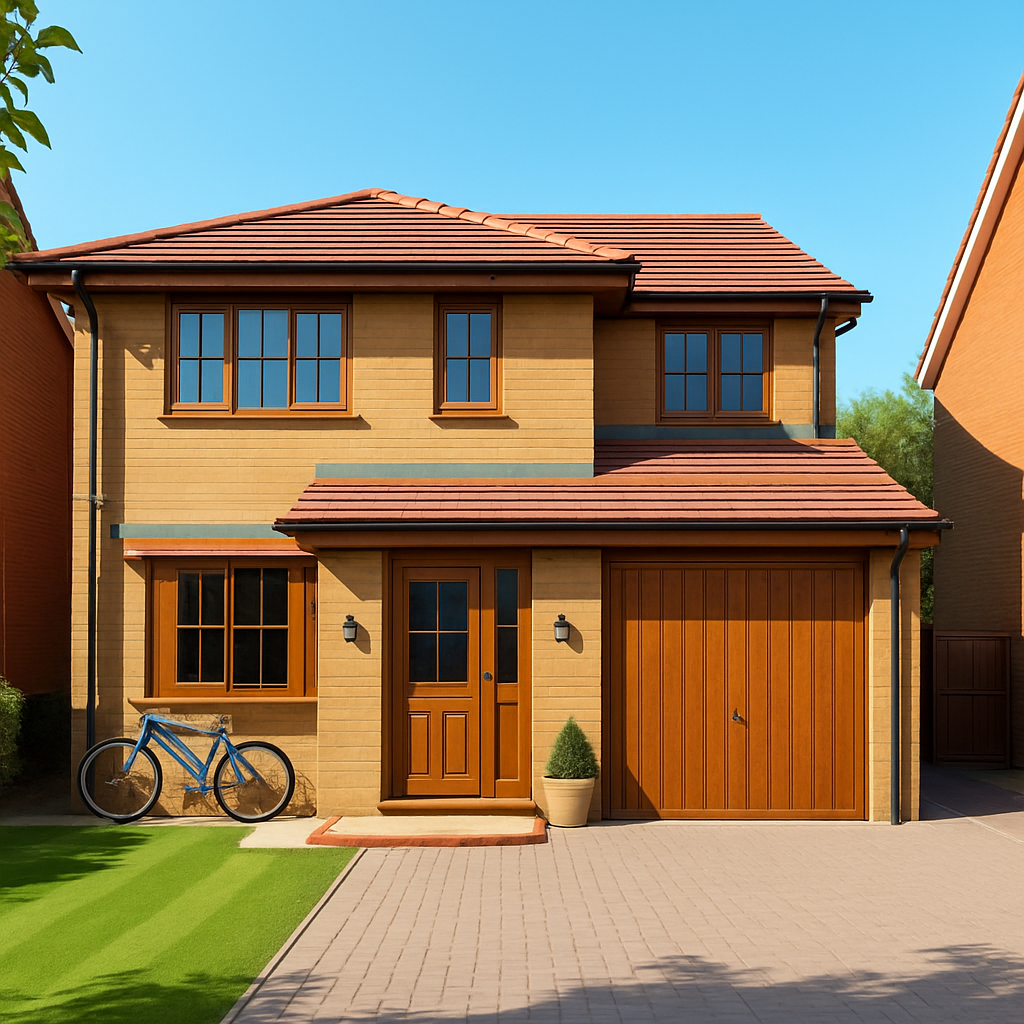 The same two-story house with oak window frames, oak garage door, and an oak front door.