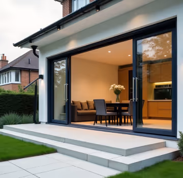 Close-up of a dark-framed aluminium bifold door with multiple glass panels.