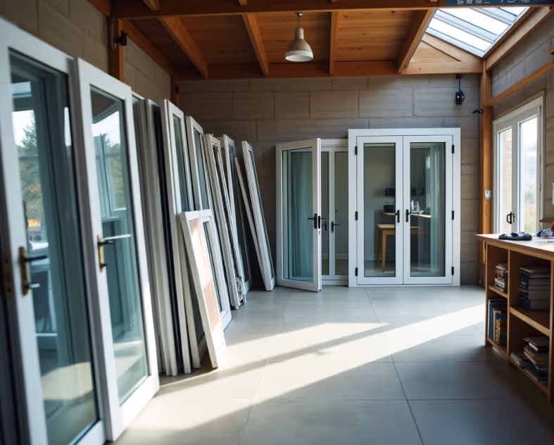 Indoor showroom displaying multiple styles of white-framed double-glazed windows and doors.