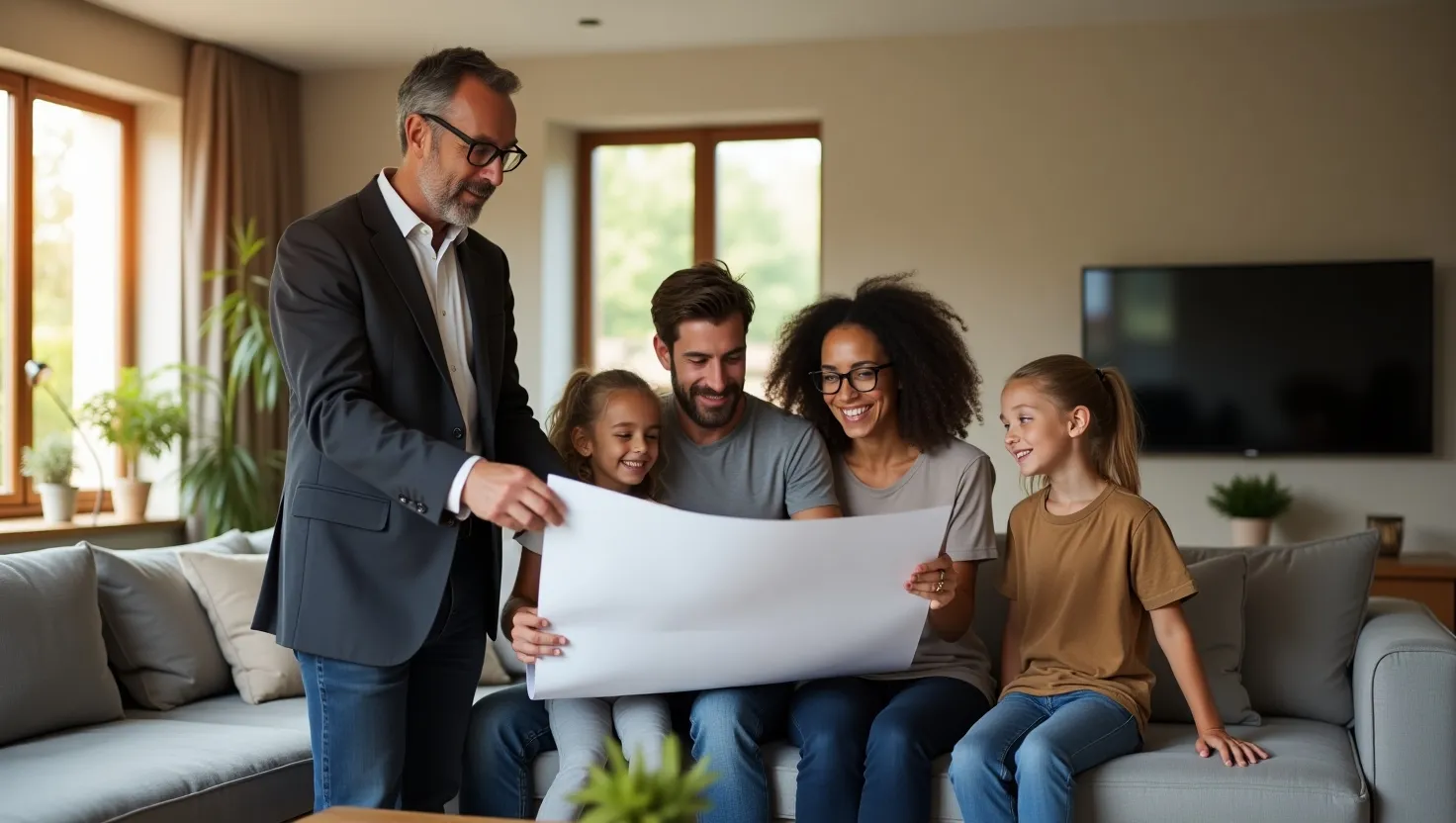 A friendly architect reviewing house plans with a family.