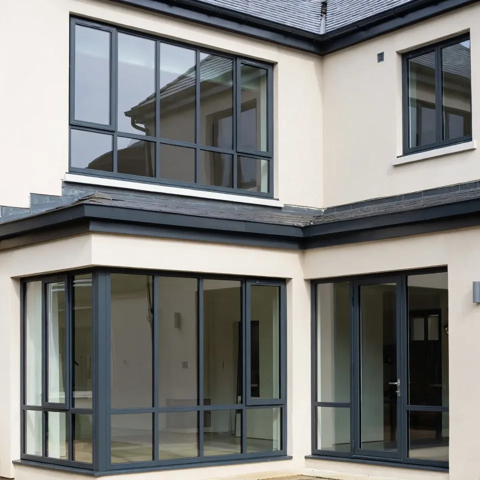 Modern home with anthracite grey aluminium window frames.