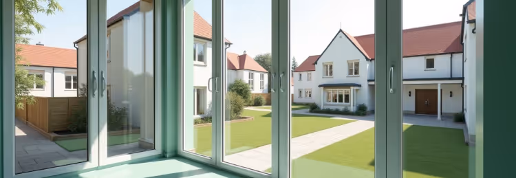 A bright view through light green-framed bi-fold doors.