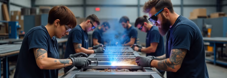 A row of workers actively welding metal in an industrial setting.