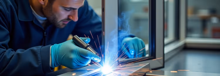 A welder in blue gloves concentrates on soldering a metal surface.