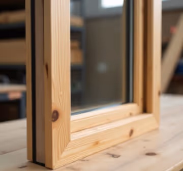 Close-up of a wooden-framed window on a workshop table.