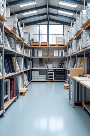 Organised warehouse interior with shelves filled with neatly stacked window and door frames.