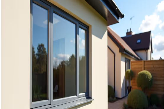  An aluminum flush casement window with a dark frame and clear glass is seen from the exterior of a building, reflecting the sky and greenery.