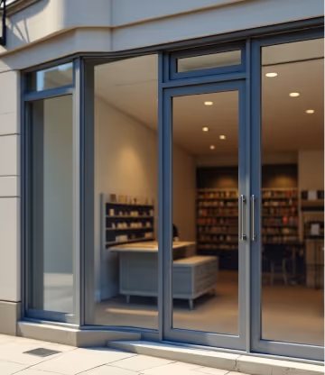  A blurred view into a retail space through a glass storefront and dark-framed double doors, showing shelves of products and what appears to be a counter or desk inside.