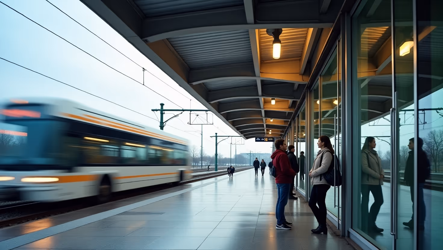 A modern train platform with a gray concrete surface and a partial view of a yellow train.
