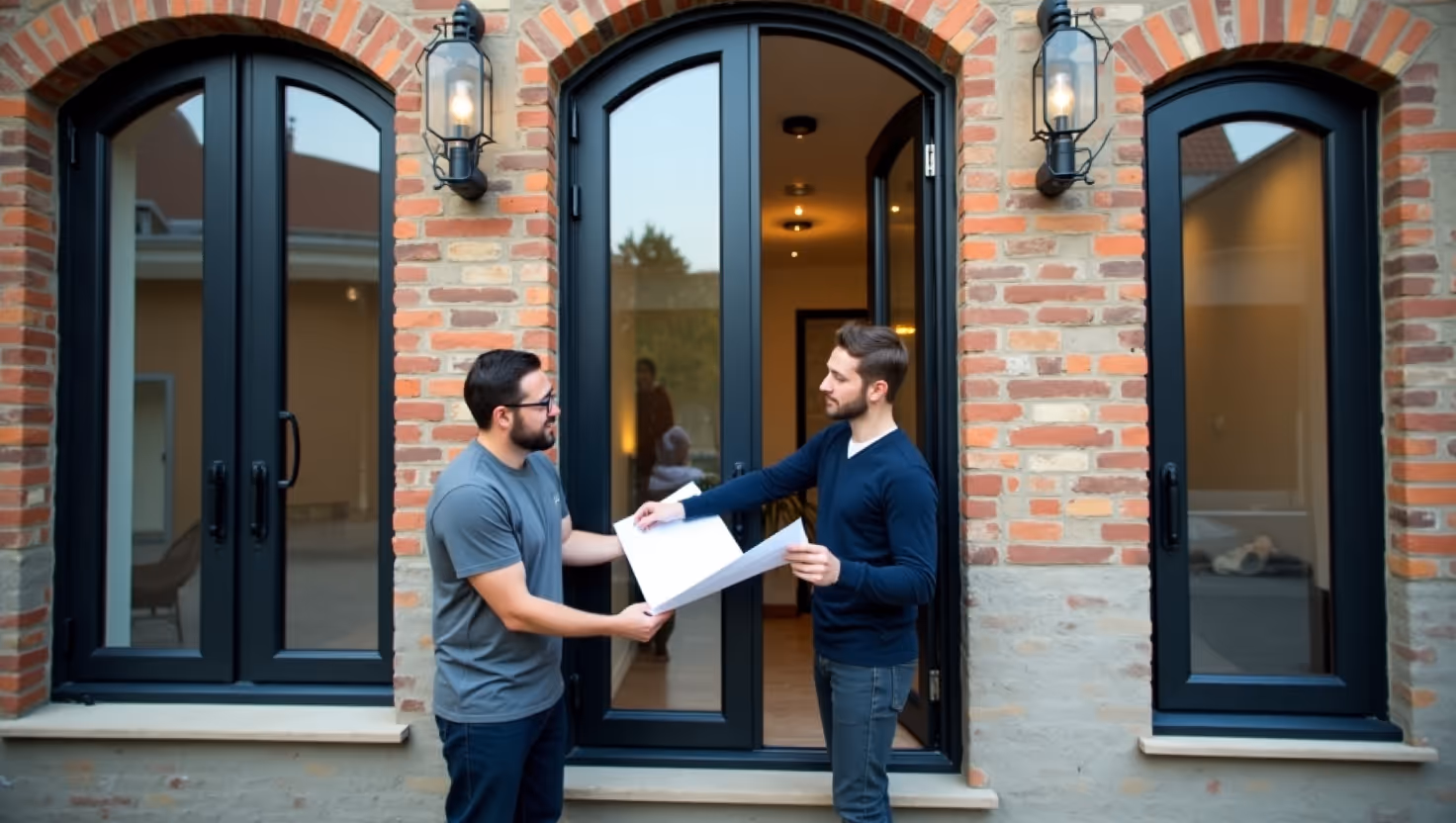 Two men exchange papers outside a brick building with dark-framed glass doors.