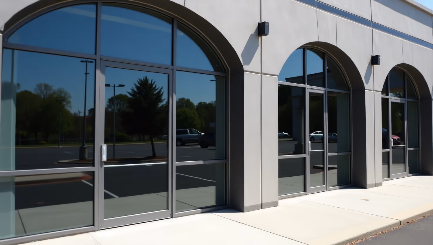  A modern building with a series of arched glass storefronts reflecting trees and a parking lot.