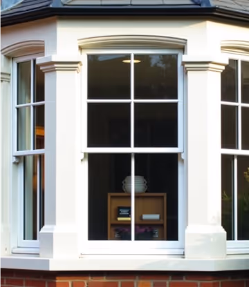 A white aluminium vertical sliding sash window with Georgian bars.