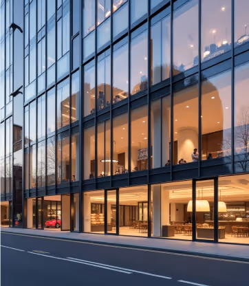 Modern commercial building with full-height glazed curtain walling, showing people inside a brightly lit office space.
